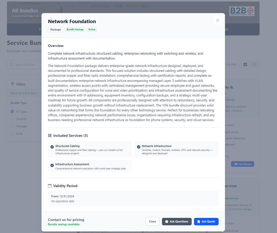 Service bundles catalog showing packaged services with pricing and scope