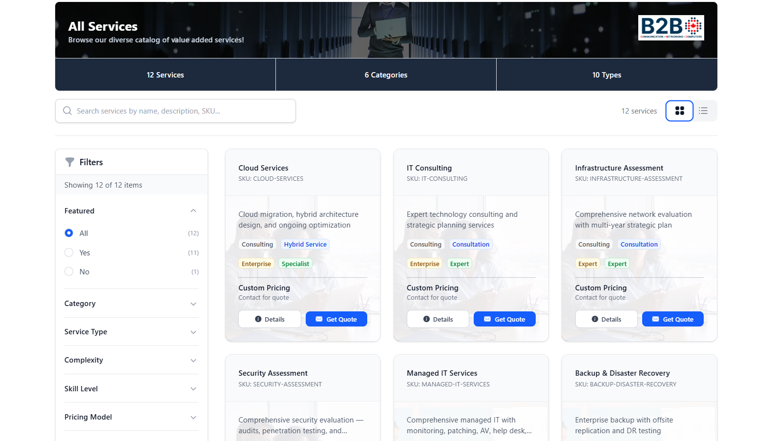 Services catalog showing detailed service information and relationships