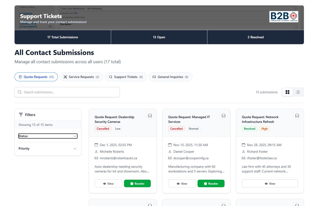 Support tickets interface showing request tracking and status